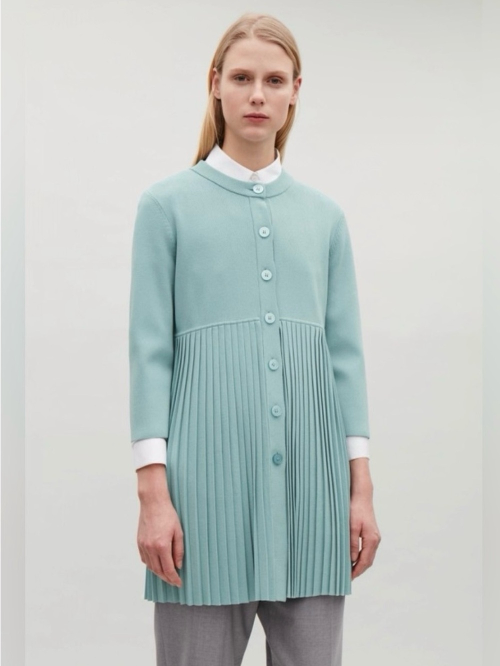 COS Pleated Long Cardigan Tunic Sage Green Minimalist Size S